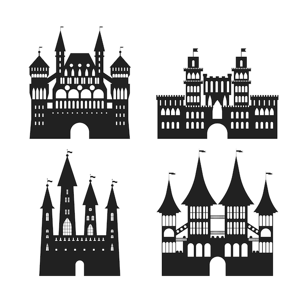 Vektor cartoon silhouette schwarz mittelalterlichen alten burgen icon set vektor