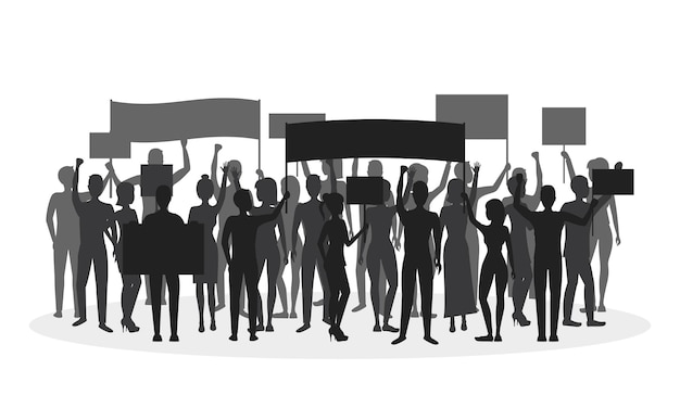 Cartoon silhouette schwarz protestierende menschenmenge demonstration streikposten oder konflikt aktion kulturkonzept flache design-stil vektor-illustration von demonstranten menschen