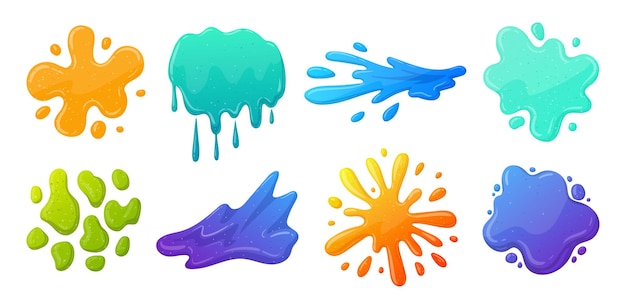 Cartoon slime splatters sticky goo flüssiger schleim bunter schleim spritzt jelly tropfstellen flache vektorillustrationssammlung