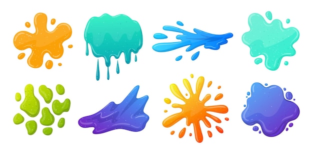 Cartoon Slime Splatters Sticky Goo flüssiger Schleim bunter Schleim spritzt Jelly Tropfstellen flache Vektorillustrationssammlung