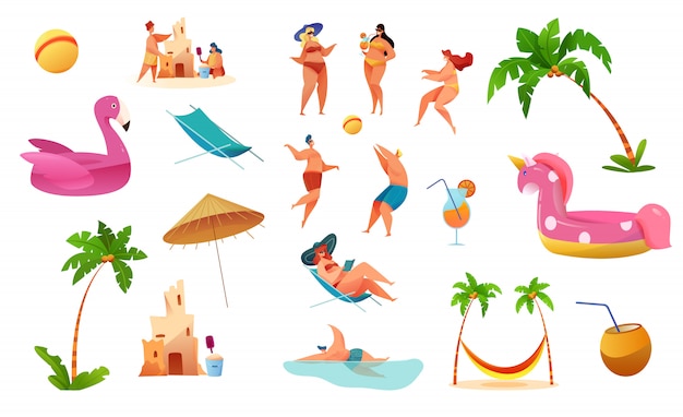 Cartoon sommer strand urlaub zeichen und symbole gesetzt. junger mann, frau in der lounge, spielen volleyball, bauen sandburg, rosa einhorn flamingo aufblasbaren ring, palme, sonnenschirm und cocktails