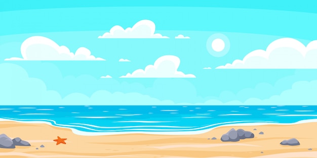 Cartoon Sommerstrand. Paradies Natururlaub, Meer oder Meer. Hintergrundillustration der Küstenlandschaft