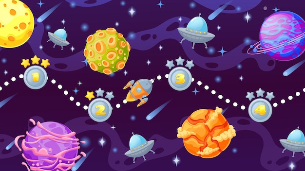 Cartoon-Space-Game-Level-Karte mit Planeten und Rakete Kosmischer ui-Bildschirm für Computer-Arcade mit Raumschiff-Sternen-Galaxie und UFO-Vektorszene