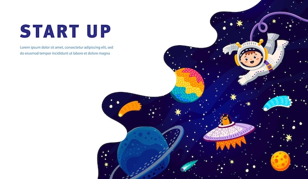 Cartoon start-up-business-poster astronaut im weltraum start-up-start-up-banner-business-projekt-vektor-webseite mit kind-astronauten lustige figur im weltraum außerirdischer auf untertassensternen und planeten