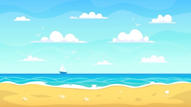 Cartoon Strandlandschaft. Sandozeanküste des Sommerozeans, tropische Urlaubsansicht, Hintergrundillustration der Naturparadieslandschaft. Küste und Meer, Ufer im Freien, Saison Sommer