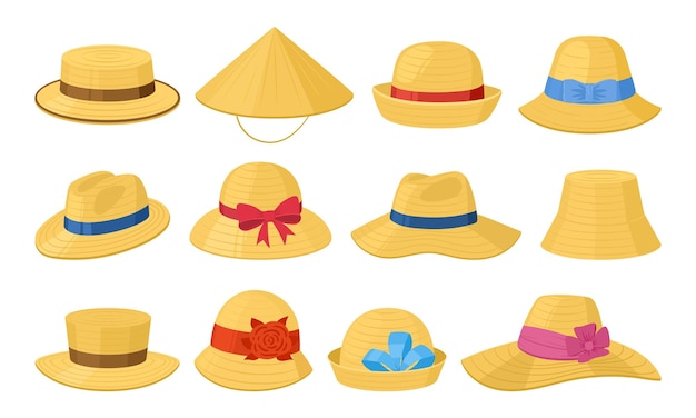 Cartoon Strohhüte Sommerstrand oder Bauer Vintage Kopfbedeckungen Vektorsymbole Illustrationen Set