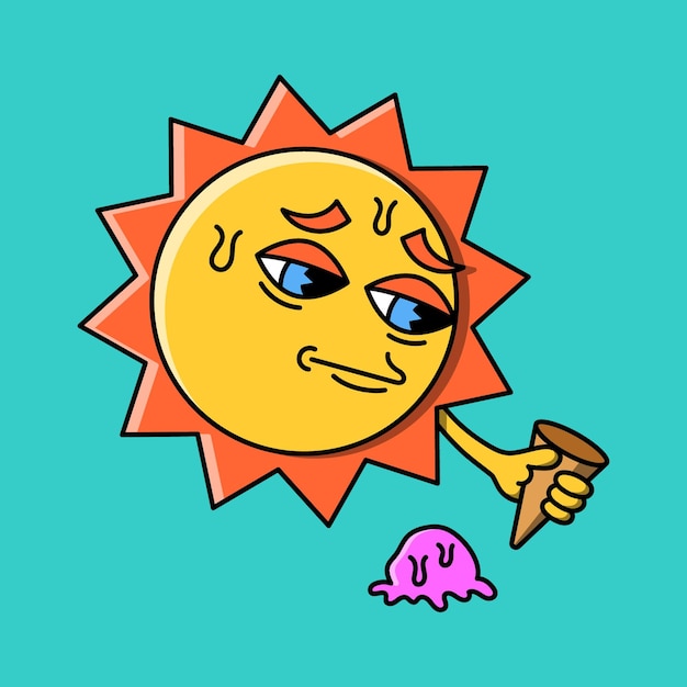 Cartoon süße Sonne Charakter traurig mit Blick auf geschmolzenes Eis