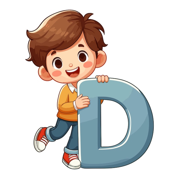 Cartoon süßer glücklicher kleiner junge mit dem buchstaben d im alphabet kinder bildungskonzept