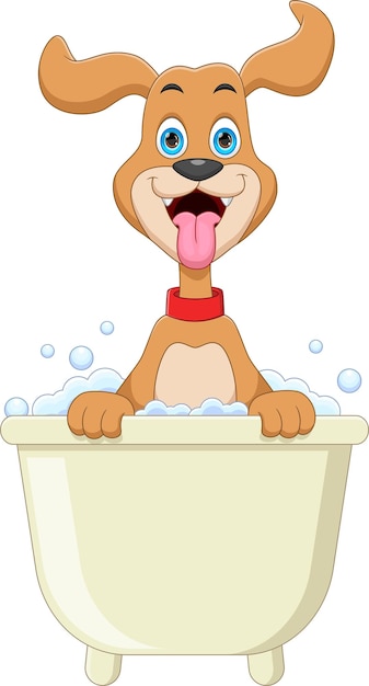 Cartoon süßer hund, der in der badewanne badet