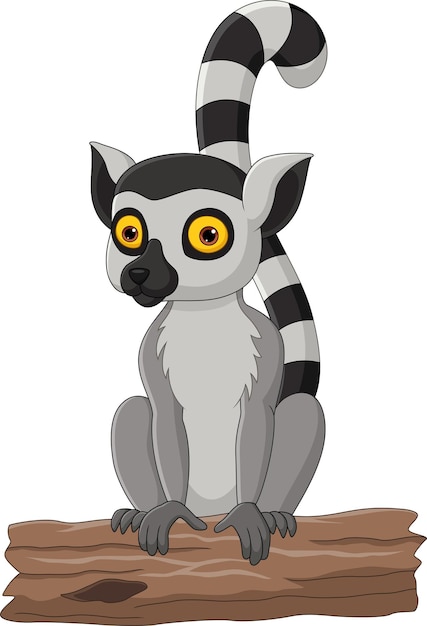 Vektor cartoon süßer lemur, der auf baumstumpf sitzt