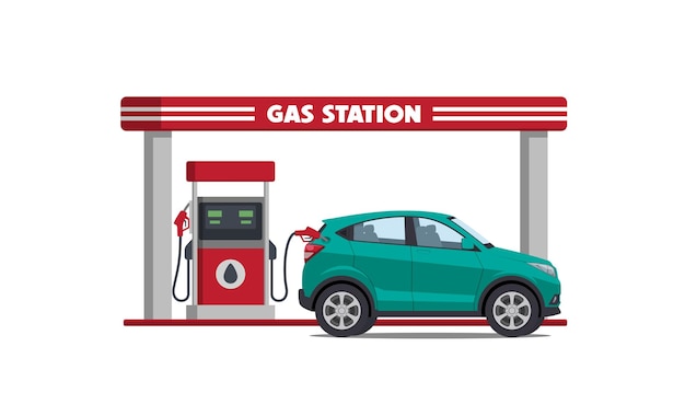 Cartoon-SUV-Auto auf Tankstellenvektorillustration