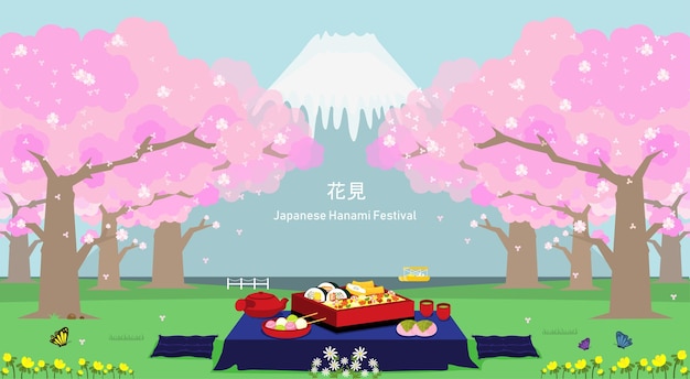 Cartoon-szenenlandschaft des illustrationsvektors der japanischen kirschblüte oder des sakura-blumenparks