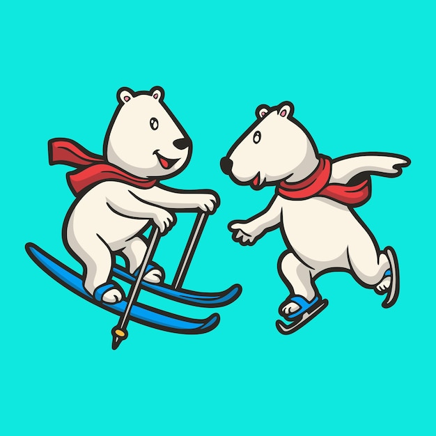 Cartoon tier eisbären skifahren und schlittschuhe niedlichen maskottchen logo