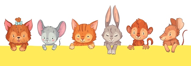 Cartoon-tiere, die herausschauen. süßer hund mit bogen, maus, katze und kaninchen, affe und ratte. entzückende pelzige haustierköpfe mit lustigen lächelnden gesichtern, rosa wangen und geschlossenen augen vektorgrafiken