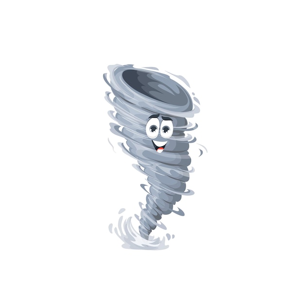 Vektor cartoon tornado charakter sturm wirbelwind twister oder zyklon hurrikan isolierter vektor lustige süße tornado wind oder taifun wolke emoji mit gesicht und lächeln kinder cartoon comic wetter charakter