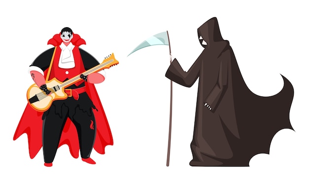 Cartoon vampire man spielt gitarre und sensenmann charakter auf weißem hintergrund.