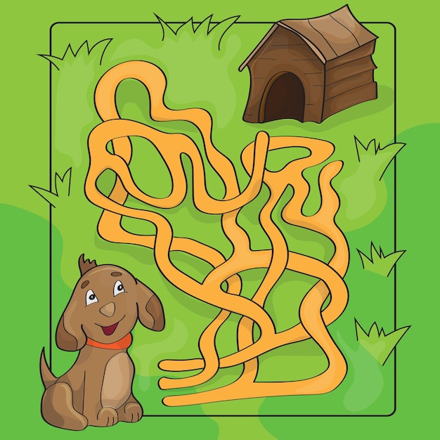 Vektor cartoon-vektor-illustration des bildungs-labyrinths oder labyrinth-spiels für kinder im vorschulalter mit lustigem hund und hundehütte