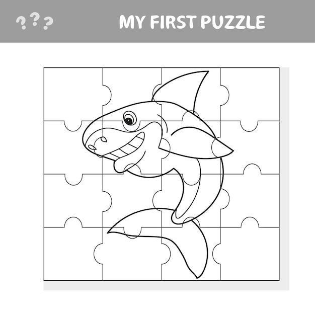 Cartoon-vektor-illustration des bildungs-puzzle-spiels für kinder im vorschulalter mit lustigem haifisch-tier - mein erstes puzzle- und malbuch