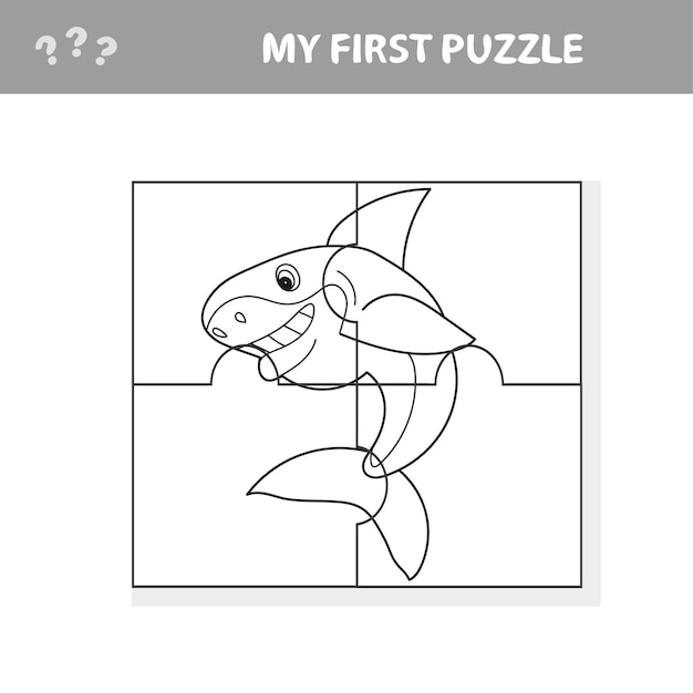 Cartoon-vektor-illustration des bildungs-puzzle-spiels für kinder im vorschulalter mit lustigem haifisch-tier - mein erstes puzzle- und malbuch