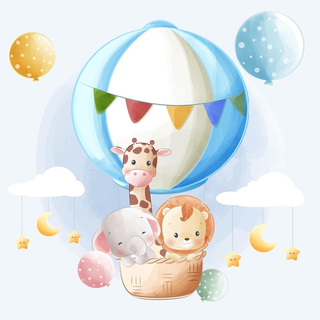 Cartoon-vektor-illustration niedliche baby-elefanten-giraffe und löwe, die auf heißluftballon schweben