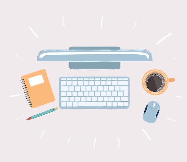 Cartoon-Vektor-Illustration von Büro- und Geschäftsarbeitselementen auf einer Desktop-Draufsicht Arbeitsbereich Tastaturanzeige Notebook Maus Tasse Kaffee
