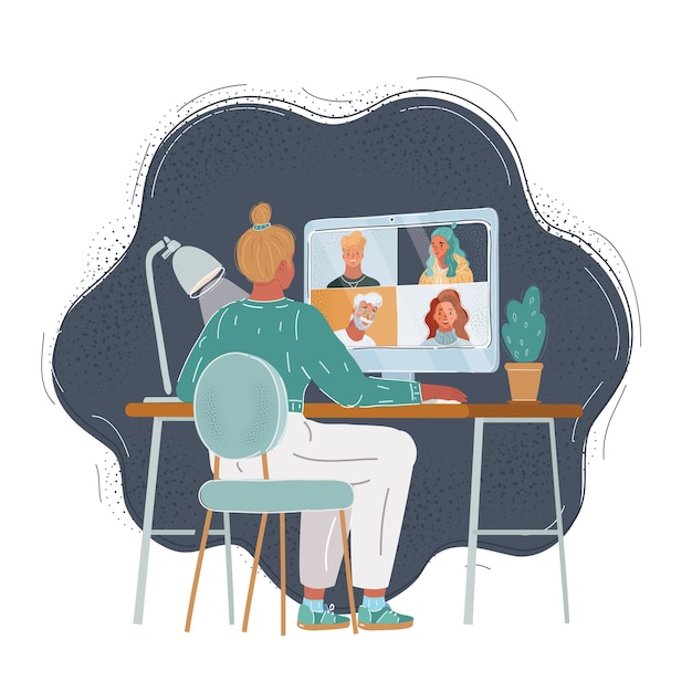 Cartoon-Vektor-Illustration von einer Frau im Hintergrund, die mit ihrem Team am Schreibtisch plaudert. Konsultation oder Konvergenz mit Familienfreunden oder Kollegen auf dunklem Hintergrund