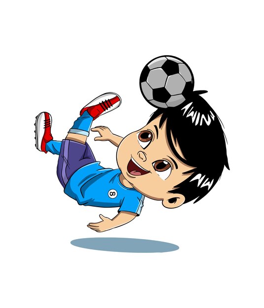 Vektor cartoon-vektor-illustrationsdesign eines jungen-fußballspielers in einer salto-position, der den ball tritt