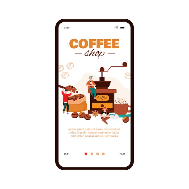 Cartoon-vektorillustration der miniatur-coffeeshop-onboarding-seite