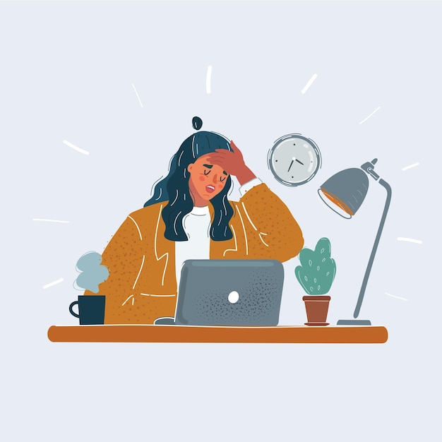 Cartoon-vektorillustration einer geschäftlichen frau, die im büro lagert und krank ist. weibliche figur sitzt am schreibtisch und am laptop auf weißem hintergrund.
