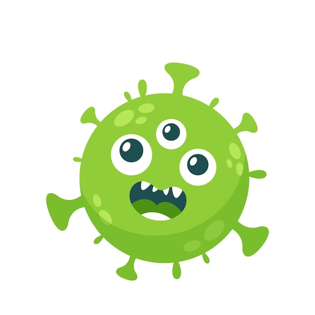 Cartoon Virus Bakterien oder Keime mit lustigem Gesicht Coronavirus Charakter Grüne Covid19-Zelle mit drei Augen und Auswüchsen Pathogen Mikrobe Maskottchen Corona-Persönlichkeit isoliertes Vektorillustrationssymbol