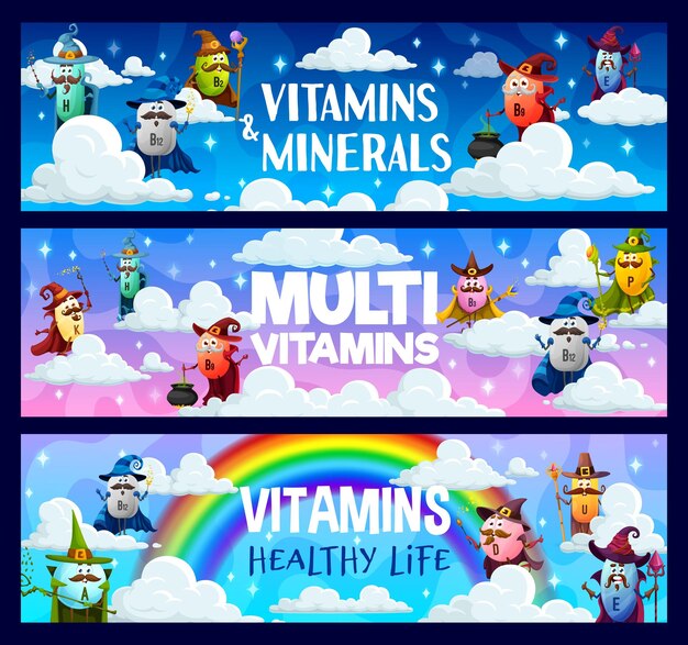 Cartoon-vitamin-zauberer-figuren auf wolken-banner