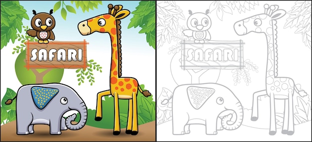 Cartoon von safaritieren. giraffe, elefant und eule. malbuch oder seite