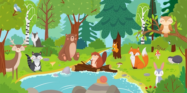 Cartoon waldtiere. wilder bär, lustiges eichhörnchen und niedliche vögel auf waldbäumenkindervektorhintergrundillustration