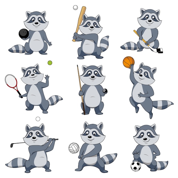 Cartoon-waschbär spielen sport-vektor-maskottchen-symbole