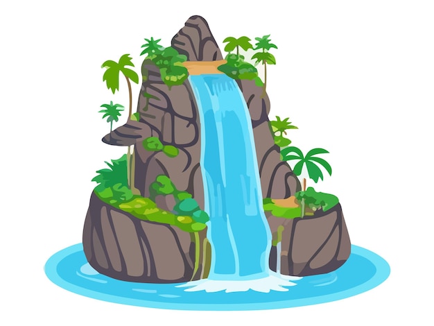 Cartoon-Wasserfall oder Wasserkaskaden-Dschungel-Naturlandschaft. Vektor fallende Wasserströme fallen