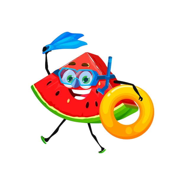 Cartoon-wassermelone-figur beim tauchen im urlaub. reife frucht, lustige persönlichkeit, süßes essen, süßes vektor-maskottchen im urlaub oder saftiges wassermelonenstück, komische figur mit aufblasbarem ring und tauchmaske