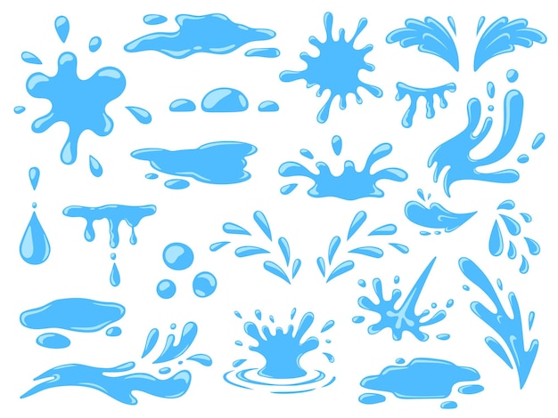 Cartoon-wasserspritzer, fallende regentropfen, wellen und verschütten. frischer wasserstrom, pfützen und spritzer. natur blaue flüssige form icons vektor-set. illustration des regenwassertropfens