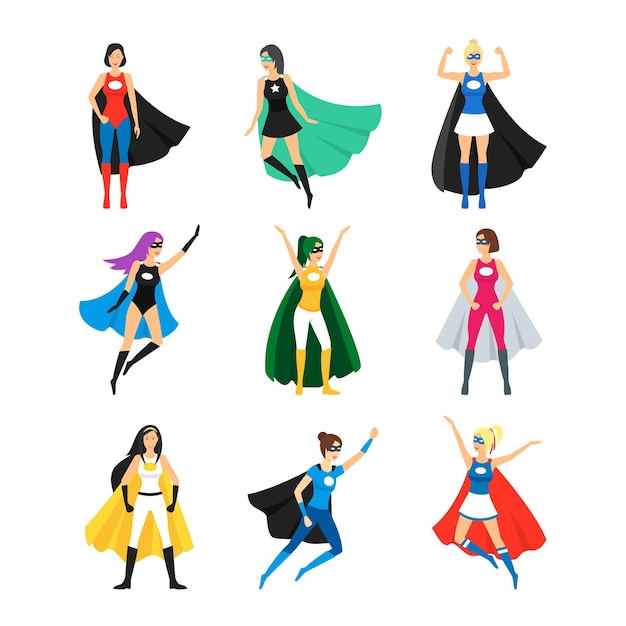 Cartoon weiblichen Superhelden Zeichen Icon Set Vektor