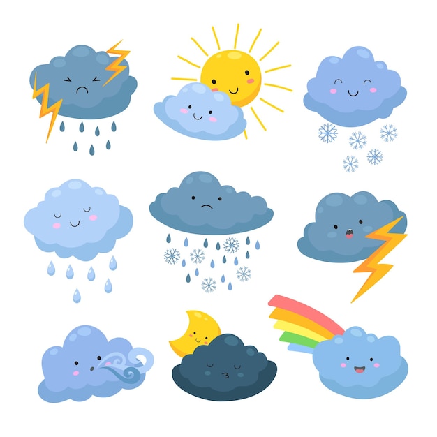 Vektor cartoon wetterwolken. regen, schneeelemente. himmlische bewölkte formen, sturm und blitz, sonne und mond. meteorologischer vorhersagevektorsatz. illustration regen und schnee, sturm und wind