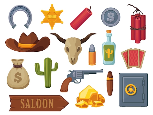 Vektor cartoon wild-west-symbole cowboy kaktus rodeo sattel lasso gitarre schlange tequila hufeisen flachen stil flache westliche elemente vektor buntes set