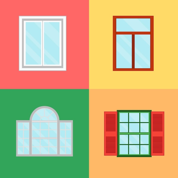 Cartoon windows set mit fensterläden auf farbe hintergrund dekoration gebäude konstruktion element urban street flat design style. vektor-illustration