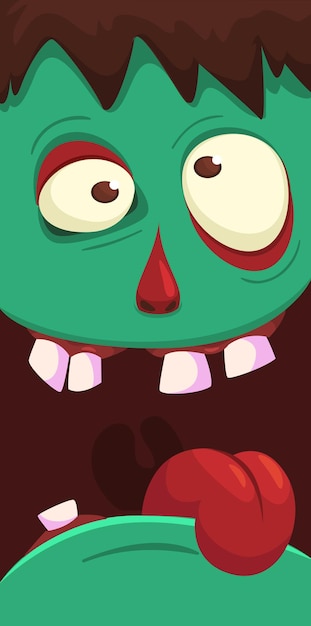Cartoon wütender zombie-gesichts-avatar halloween-vektorillustration eines lustigen zombies, der mit weit geöffnetem mund voller zähne stöhnt. ideal für dekoration oder verpackungsdesign