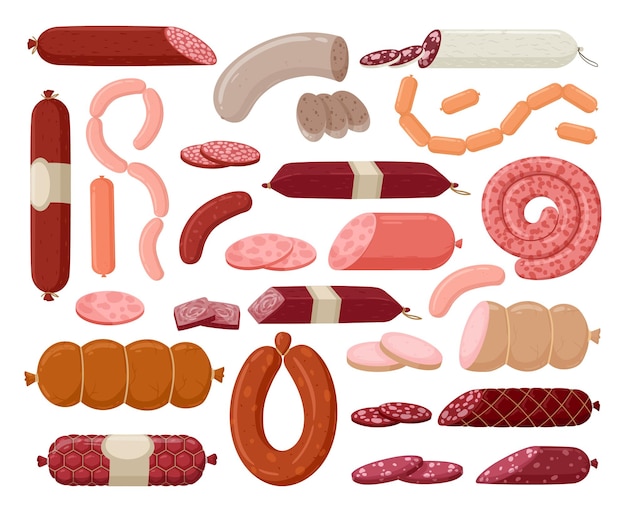 Cartoon Wurst Metzgerei Fleischprodukte flache Vektorgrafiken