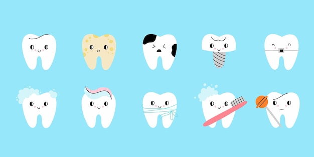 Cartoon-zähne verschiedene gesunde und mit karies süße zähne gelbe und weiße zahnbürste und zahnpasta zahnseide und prothese smiley-gesicht zahnklinik maskottchen vektorfiguren