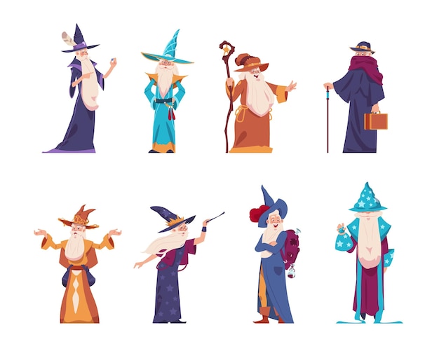 Cartoon-Zauberer Alte Charaktere des Magiers mit Bart tragen lange Gewänder und spitze Hüte. Hochrangige Zauberer wirken magische Zaubersprüche. Warlocks halten mysteriöse magische Werkzeuge