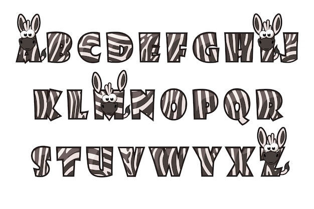 Vektor cartoon zebra schrift schriftzug. alphabet gesetzt