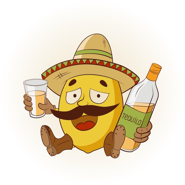 Vektor cartoon-zitrone in einem sombrero und stiefel, die tequila trinken. illustration