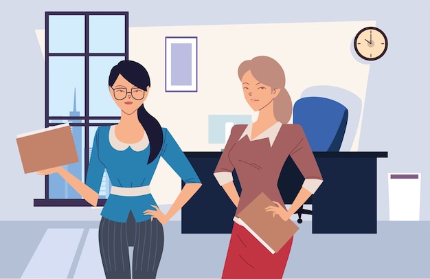 Cartoons von Geschäftsfrauen mit Dateien bei Bürogestaltung, Geschäftsführung und Unternehmensthema