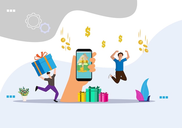 Cash-back-konzeptdesign online-shopping-cash-prämien und geschenke mobile app-banner-vorlage flacher cartoon-illustrationsvektor