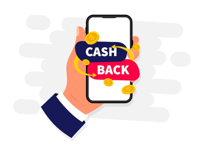 Cash-back-service geldsparkonzept geldrückerstattungsetikett online-cashback-vektorsymbol auf dem smartphone-bildschirm money economy service einkaufspartnerprogramm smartphone-bildschirm